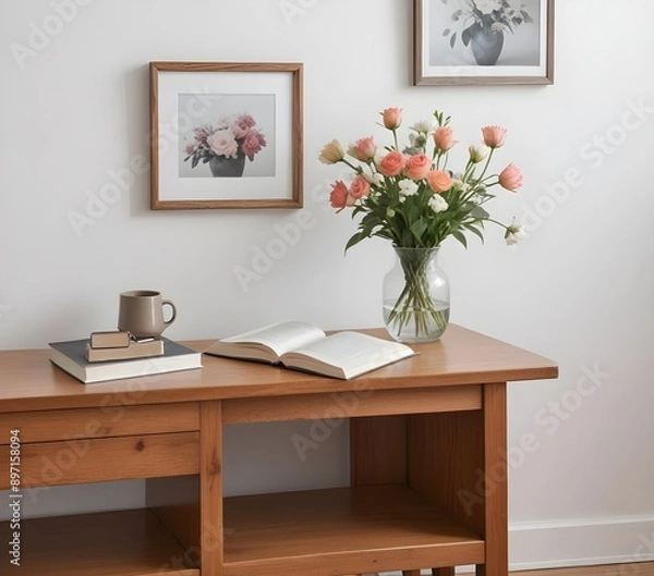 Fototapeta A wooden coffee table with a vase of flowers , a book , and a small framed photo on top of it, set against a plain white wall 