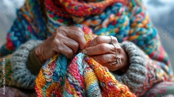 Fototapeta A woman knitting a colorful scarf, showcasing the calm and focus of traditional crafts