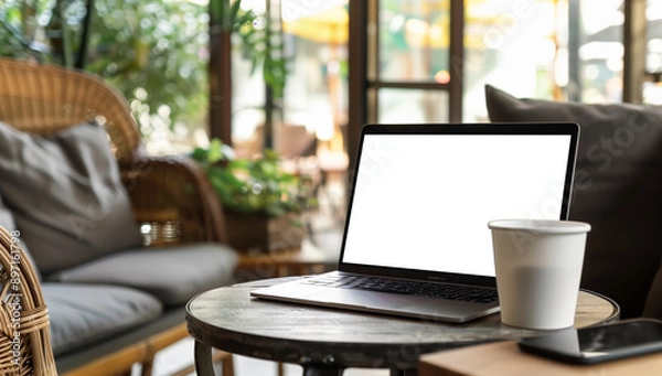 Fototapeta Laptop with Blank Screen on a Table in a Cozy Indoor Cafe Setting, Representing Remote Work and Digital Nomad Lifestyle