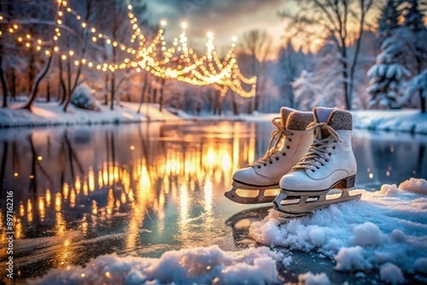 Fototapeta Winter wonderland scene featuring a pair of snow-covered ice skates abandoned on a frozen pond, surrounded by soft bokeh lights and serene natural beauty.