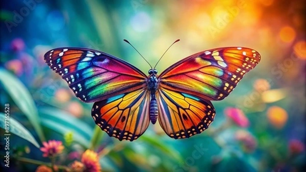 Fototapeta Vibrant colorful butterfly with intricately painted wings spread wide, showing delicate veins and edges, takes flight against a soft, blurred natural background.