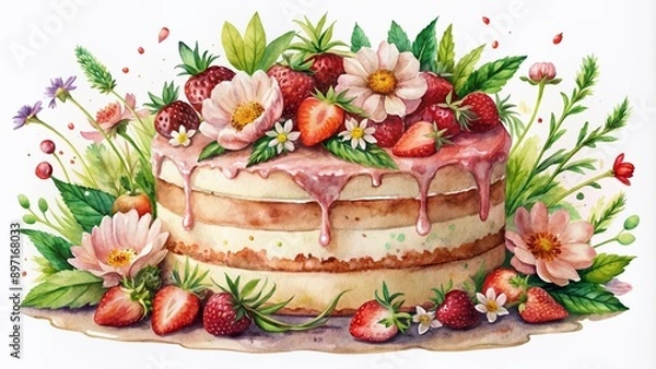 Fototapeta Delicate watercolor illustration of a decadent strawberry cake adorned with lush greenery and vibrant flowers, surrounded by subtle splatters and texture.