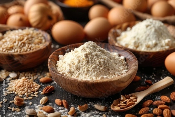 Obraz A bowl of flour with almonds nuts and seeds scattered around it on a wooden surface