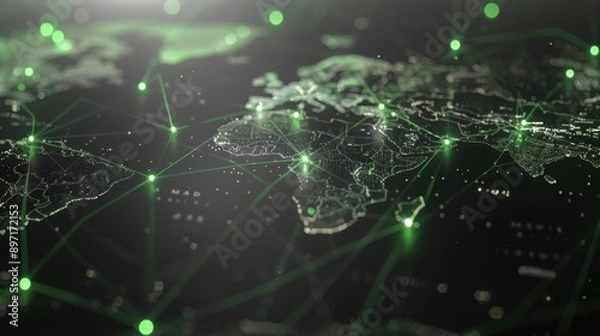Fototapeta Global digital network, light grey environment, neon-green networks, glowing hubs, crisp and forward-thinking.