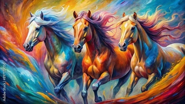 Fototapeta Vibrant colors swirl together depicting majestic horses in motion, their powerful forms abstracted in dynamic brushstrokes and bold textures.