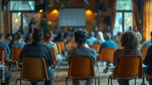 Obraz Community meeting discussing financial service options, financial services underserved, copy space, outreach theme, ethereal, fusion, local hall backdrop, copy space for text,