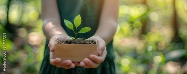 Obraz Hands holding ecofriendly growth strategy documents, ecofriendly strategy growth, selective focus, environmental theme, vibrant, composite, nature backdrop, copy space for text,