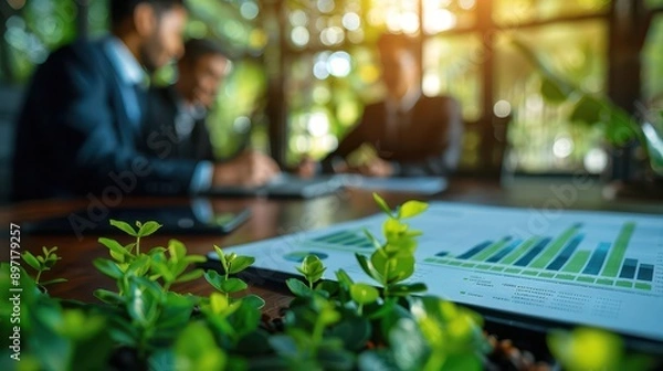 Obraz Business meeting discussing carbon credit strategies, carbon credit market, copy space, green investment theme, ethereal, fusion, boardroom backdrop, copy space for text,