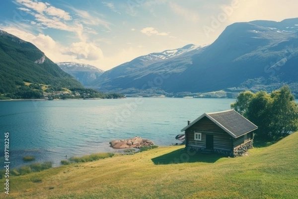 Fototapeta Old church in a field under a cloudy sky - film photo. Beautiful simple AI generated image in 4K, unique.