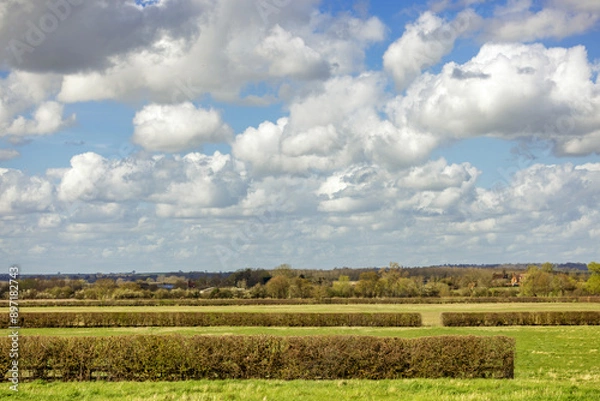 Obraz Cloudy blue sky with green countryside, bright sunny day