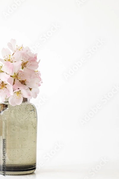 Fototapeta A single delicate sprig of apple blossom shot against white background on glass block, soft focus, soft image, pastel colours