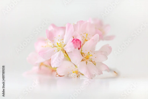 Fototapeta A single delicate sprig of apple blossom shot against white background on glass block, soft focus, soft image, pastel colours