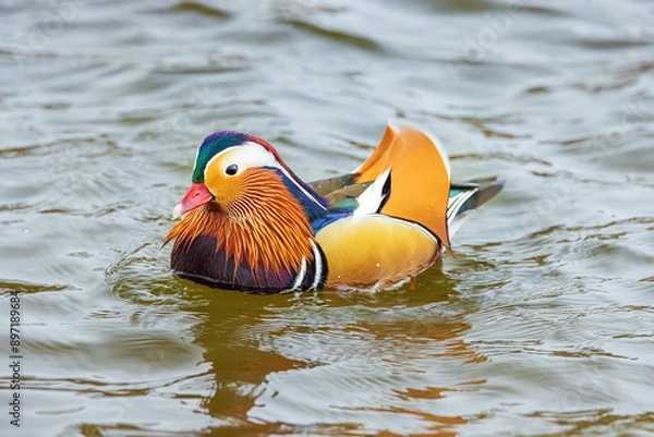 Fototapeta A single mandarin duck on choppy river water, space for text