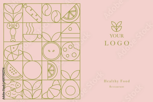 Fototapeta Hand drawn illustration. Organic fruit, vegetable, fish, seafood, coffee and bakery geometric pattern. Abstract geometric line background. Gold luxury  Healthy Food pattern