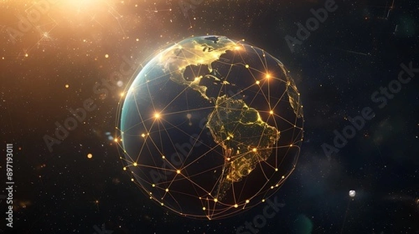 Fototapeta A vibrant image of a planet in space, highlighted by bright yellow networks linking major urban areas, showcasing global connectivity
