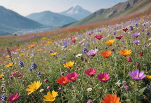 Fototapeta  Macro shot of colorful wildflowers blooming in a field with a blurred mountain background. 