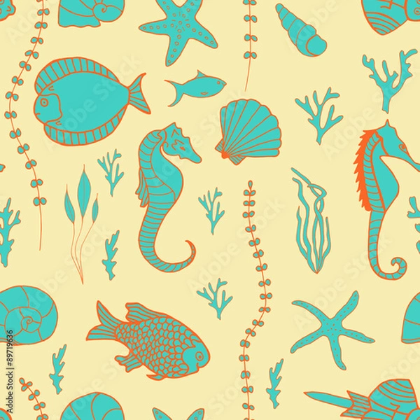 Fototapeta Seamless pattern with hand drawn fishes