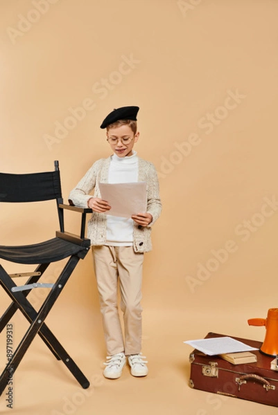 Fototapeta Preadolescent boy in film director costume holds paper next to chair.