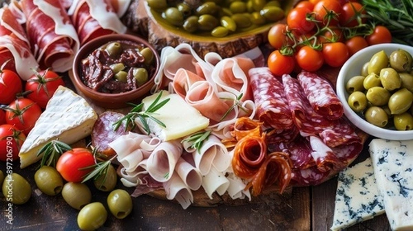 Fototapeta Italian antipasto platter with cured meats, cheeses, and olives, set on a rustic table.