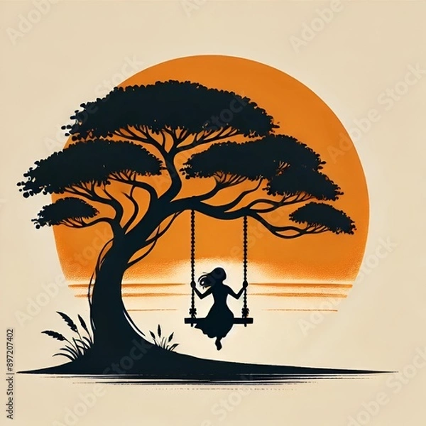 Fototapeta Illustration for Hariyali Teej with a silhouette of a woman swinging under a large tree.
