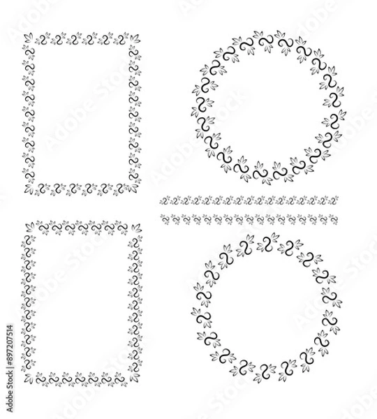 Fototapeta Set of abstractand floral decorative elements: frames and lines. Black line stylish design with dots. Square and round frames.