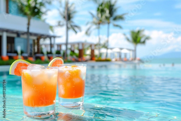 Fototapeta Two cocktails with grapefruit slices are resting by a tropical resort pool on a sunny day. Copy space. Summer, tropical, fresh cocktail concept.