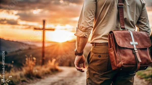 Obraz Missionary man with suitcase on his back walking through the field at sunset taking the Word of God