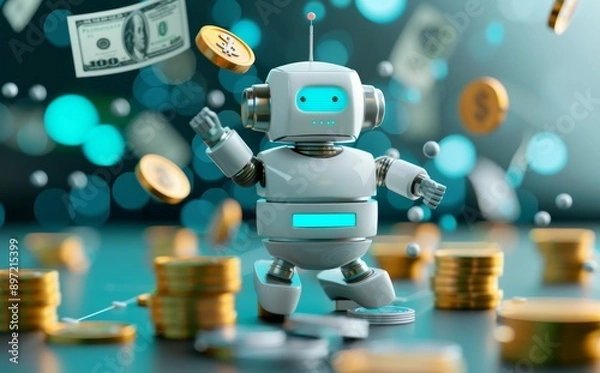 Fototapeta A robot sitting on top of money with green dollar bills flying around