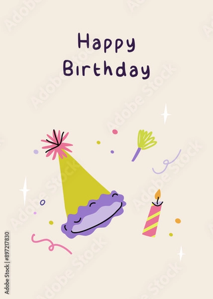 Fototapeta Happy birthday card with party hat, candle and birthday pipe. Greeting card with calligraphy. Elegant and trendy vector illustration templates in simple style
