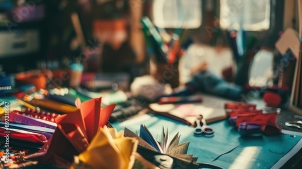 Fototapeta Messy desk full of colorful paper, pencils, and scissors, bathed in warm sunlight, suggests a creative designer is hard at work