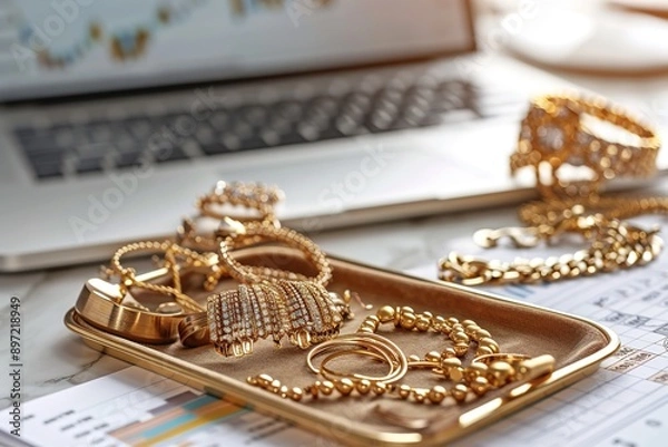 Fototapeta Gold jewelry including bracelets, rings, and chains elegantly displayed on a velvet-lined tray next to a laptop and financial graphs. 
