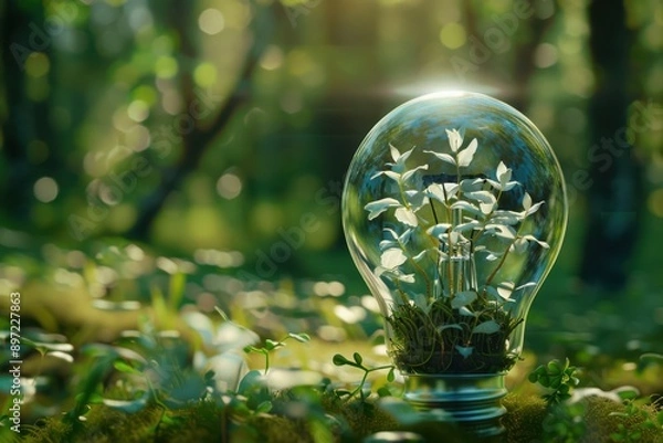 Obraz Combination of technology and nature in a light bulb on a blurry background of greenery