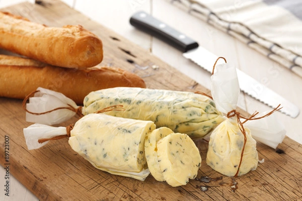 Fototapeta garlic bread compound butter herb baguette thyme rosemary coriander oregano