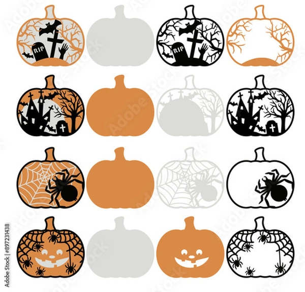 Fototapeta 3D Layered Halloween Pumpkins svg template for laser and paper cutting, Multilayer  Pumpkin Art svg, Halloween scene svg, Haunted House Cut File, 