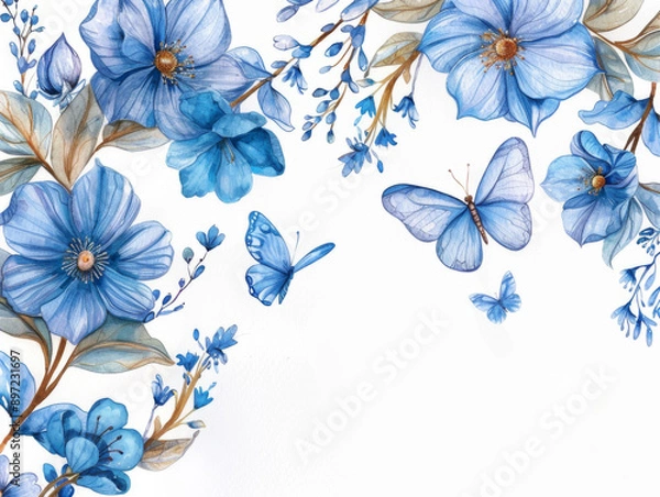 Fototapeta Blue Butterflies and Flowers Framing White Space, Generative AI Illustration