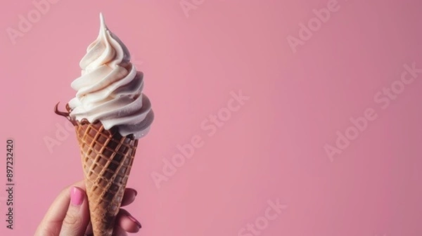 Fototapeta A Hand Holding A Vanilla Ice Cream Cone With Chocolate Drizzle Against A Pink Background
