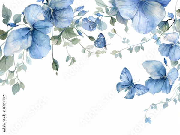 Obraz Blue Butterflies and Flowers Framing White Space, Generative AI Illustration