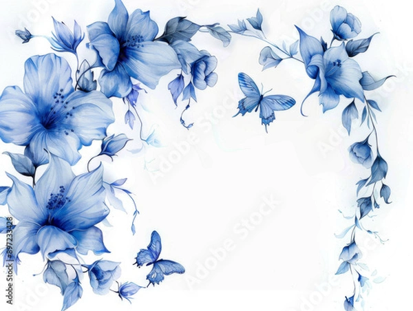 Fototapeta Blue Butterflies and Flowers Framing White Space, Generative AI Illustration