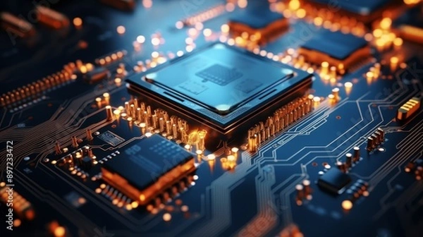 Fototapeta Quantum computing system with processor, circuit, artificial neurons, global data for generative ai