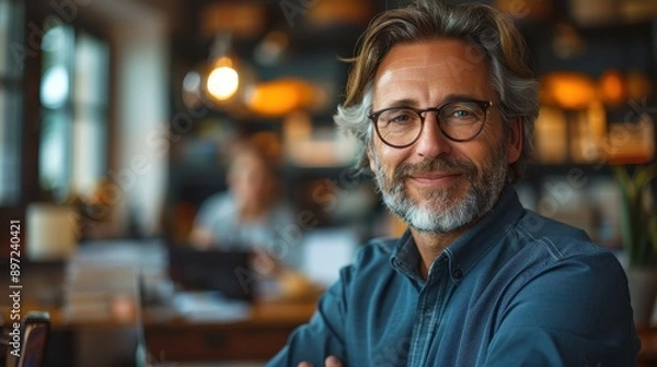 Fototapeta A confident man with glasses and stubble smiles warmly in a modern office setting with blurred colleagues and ambient lighting in the background.