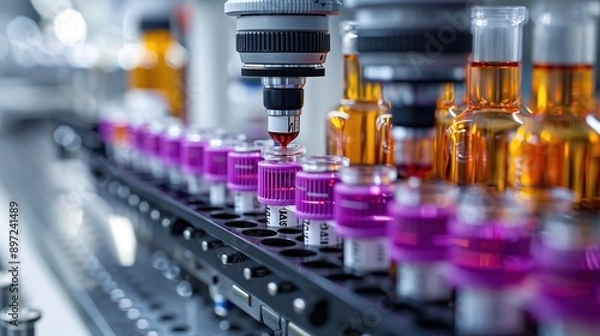 Fototapeta Automated Laboratory Equipment in Action. Close-up of automated lab equipment handling multiple test tubes with precision, highlighting advanced technology in medical research.
