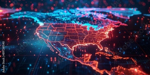 Fototapeta Neon-Tinted Digital Map of North America Explored