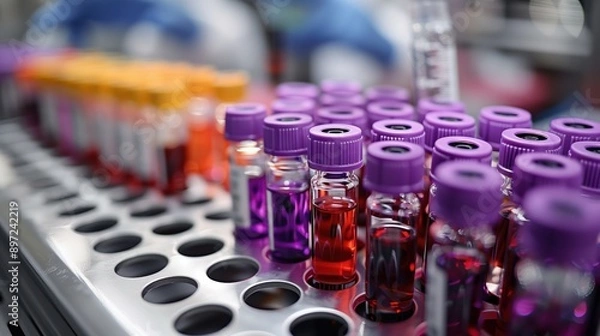 Fototapeta Blood Samples in Medical Laboratory. Row of blood samples in vials on a lab bench, emphasizing the process of blood analysis and medical testing in a laboratory.