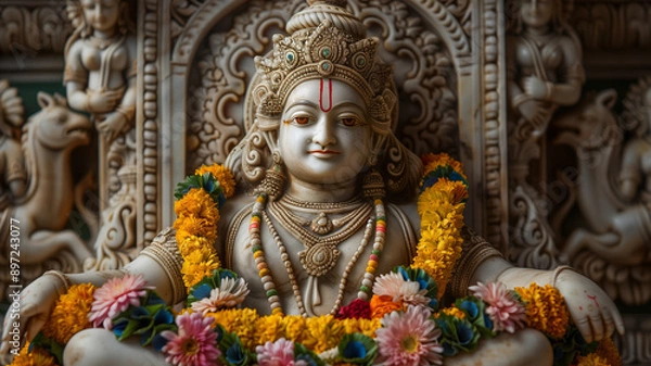 Fototapeta Ornate stone statue of hindu deity in temple setting