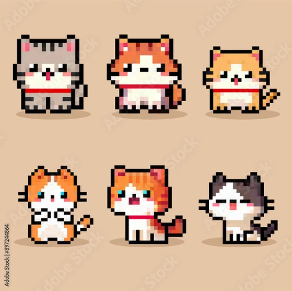 Fototapeta set of cute cat pixel art vector