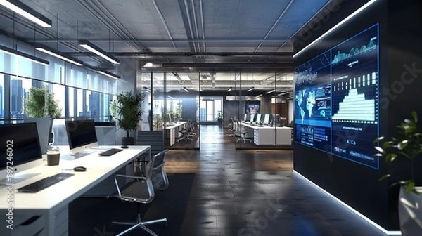 Fototapeta A modern tech startup office featuring a spacious open floor plan, sleek desks with high-end computers, and a large digital screen displaying real-time analytics.