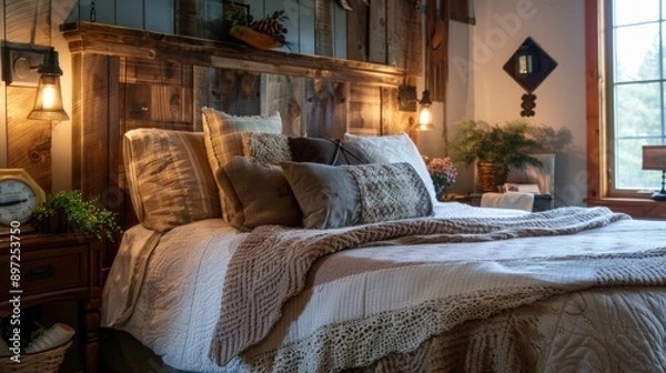 Fototapeta A rustic wooden bed with a farmhouse-style headboard, surrounded by warm, earthy decor and soft lighting.