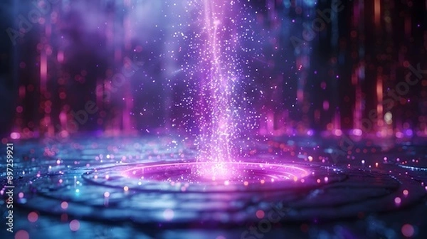 Fototapeta Futuristic holographic platform, neon blue energy beam, cyberpunk portal, lavender background, glowing circular base, sci-fi teleportation device.