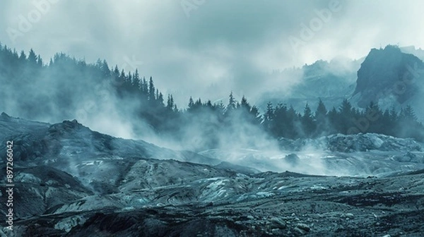 Fototapeta Volcanic Eruption in a Primordial Forest with Dinosaurs