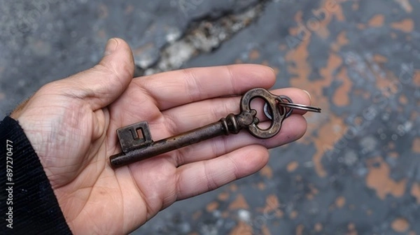 Fototapeta Hand Holding a Key: A hand holding an antique key, suggesting a sense of mystery and unlocking secrets.
